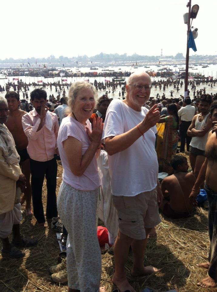 Prudence and Albert getting ready to bathe in the Ganges at the Kumbh Mela