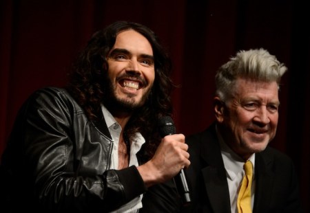 Comedian Russell Brand and Founder/Director David Lynch speak during the 'Meditation In Education' Global Outreach Campaign at The Billy Wilder Theater at the Hammer Museum on April 2, 2013 in Los Angeles, California. (Photo by Frazer Harrison/Getty Images) 
