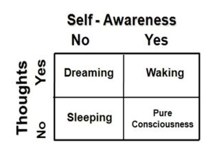 This figure, a 2 X 2 table, compares subjective and objective experiences during waking, sleeping, dreaming, and pure consciousness. As seen in this table, waking state contains a sense of self and mental content, thoughts and perceptions. In contrast, during pure consciousness, there is only Self-awareness, without any sense of time, space, and body awareness.