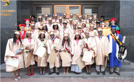 The students pictured are the first graduating class of Maharishi Institute in Johannesburg, South Africa. Maharishi University of Management’s executive vice president Craig Pearson, far right in second row, delivered the commencement address at the institute’s graduation ceremony in December. (Courtesy of: CRAIG PEARSON)