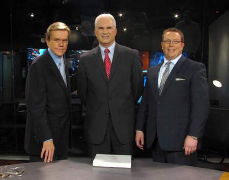Doug Llewelyn, left, interviewed Fairfield Mayor Ed Malloy, center, and Fairfield Iowa Convention and Visitors Bureau executive director Rustin Lippincott last week in Los Angeles for the television show, “Moving America Forward.” The two men were interviewed as part of the show’s episode on Fairfield’s entrepreneurial spirit. The episode will air later this year at a time and channel to be announced. Llewelyn is perhaps best known to television audiences for hosting “The People’s Court” with Judge Joseph Wapner.