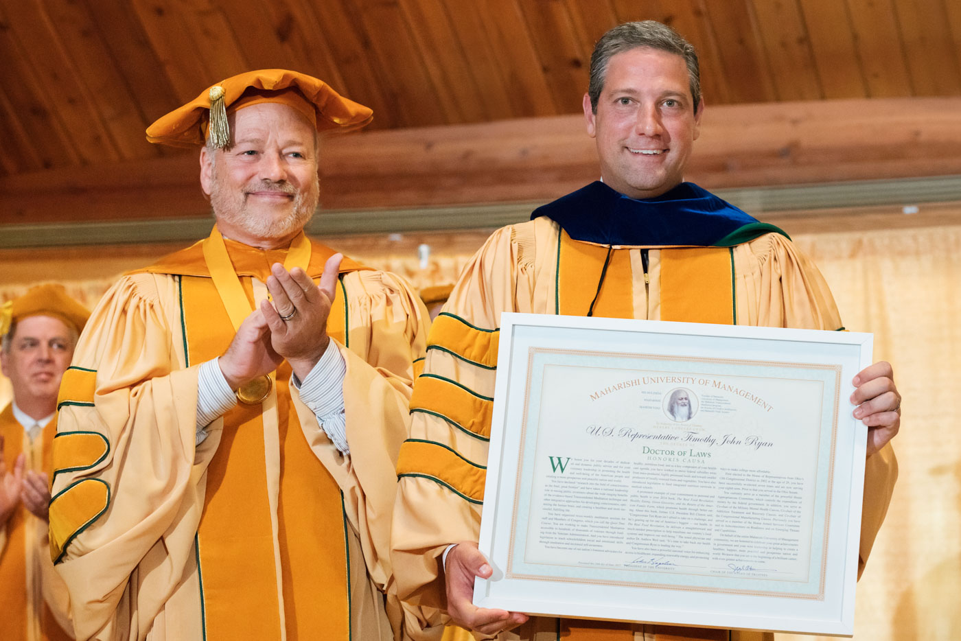 Maharishi University President John Hagelin Bestows Honorary Doctorate on Congressman Tim Ryan at Graduation 2017