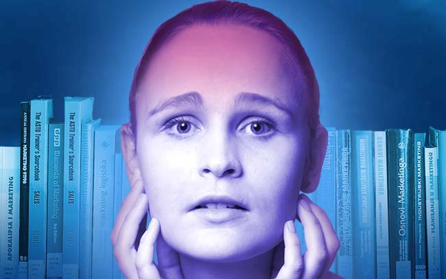 Young girl touching her face with hands, like a tree